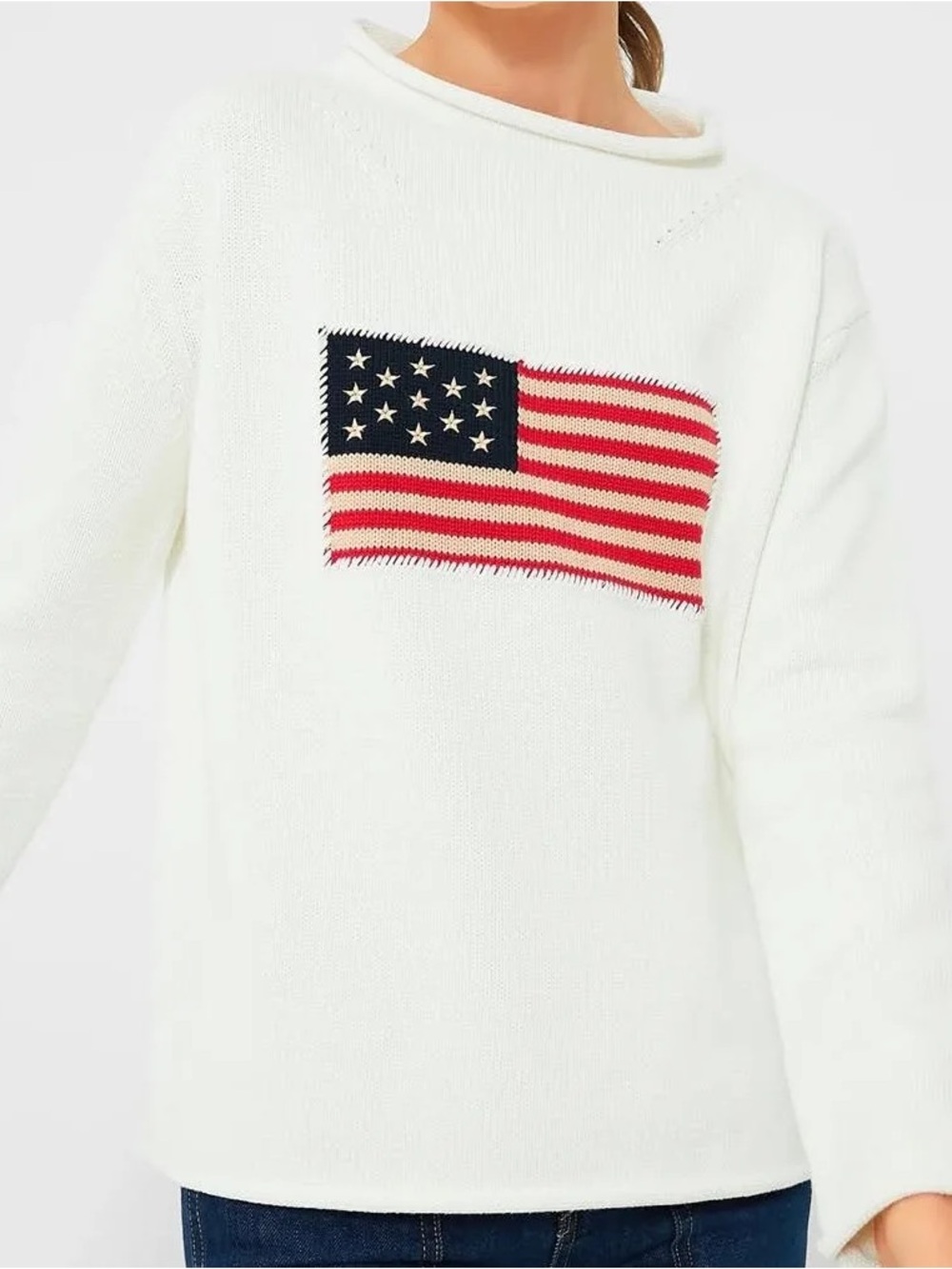 Tuckernuck Rollneck Americana Sweater with American Flag, July 4th, Ivory